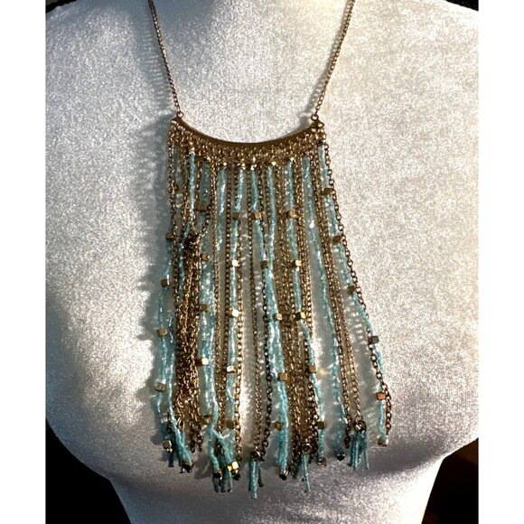 Boho Chic Fringe Bib Necklace Blue Gold Beads Gold Tone Chains Statement - Picture 7 of 9
